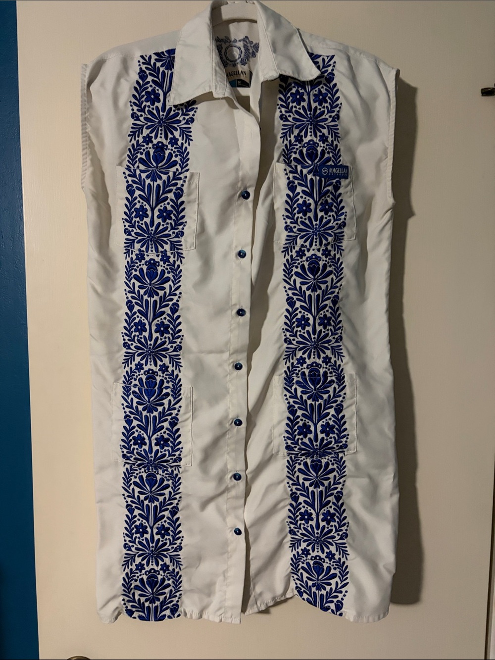 Magellan Outdoors White dress with Blue Embroidery